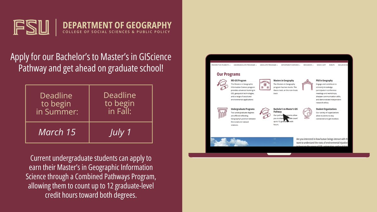 Apply today to earn your Master's in Geographic Information Science through a combined pathway program! Combined pathways allow students to get a head start on their graduate studies while completing an undergraduate degree.

Learn more: cosspp.fsu.edu/geography/grad…