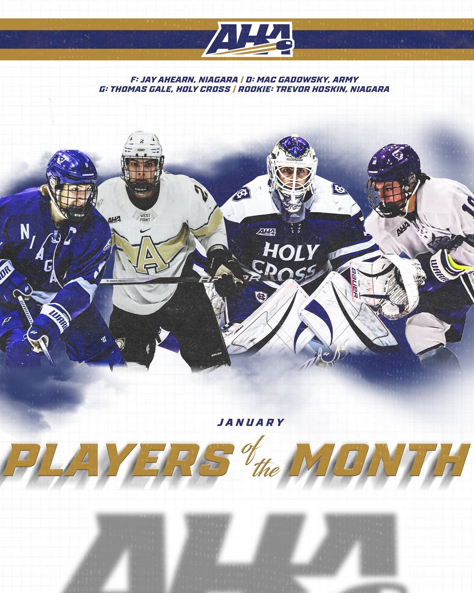 🏆Your AHA Men's Players of the Month for January! 🏆

Forward: Jay Ahearn, <a href="/NiagaraMHKY/">Niagara University Men's Hockey</a> 
Defenseman: Mac Gadowsky, <a href="/ArmyWP_Hockey/">Army Hockey</a> 
Goaltender: Thomas Gale, <a href="/HCrossMHockey/">Holy Cross M. Hockey</a> 
Rookie: Trevor Hoskin, <a href="/NiagaraMHKY/">Niagara University Men's Hockey</a> 

📰: tinyurl.com/33df2rxu