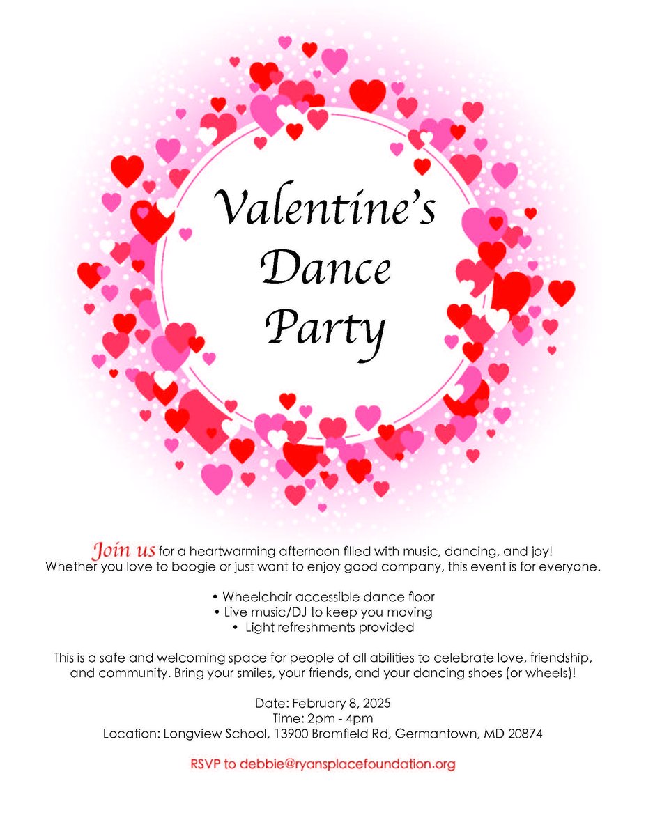 MCPSMDSpecialEd's tweet image. Join us for a heartwarming afternoon filled with music, dancing, and joy! ❤️ This Valentine's Dance Party is an event for everyone.
🗓️ February 8, 2025
2pm - 4pm
🏫 Location: Longview School, 13900 Bromfield Rd, Germantown, MD 20874
📩 RSVP to debbie@ryansplacefoundation.org