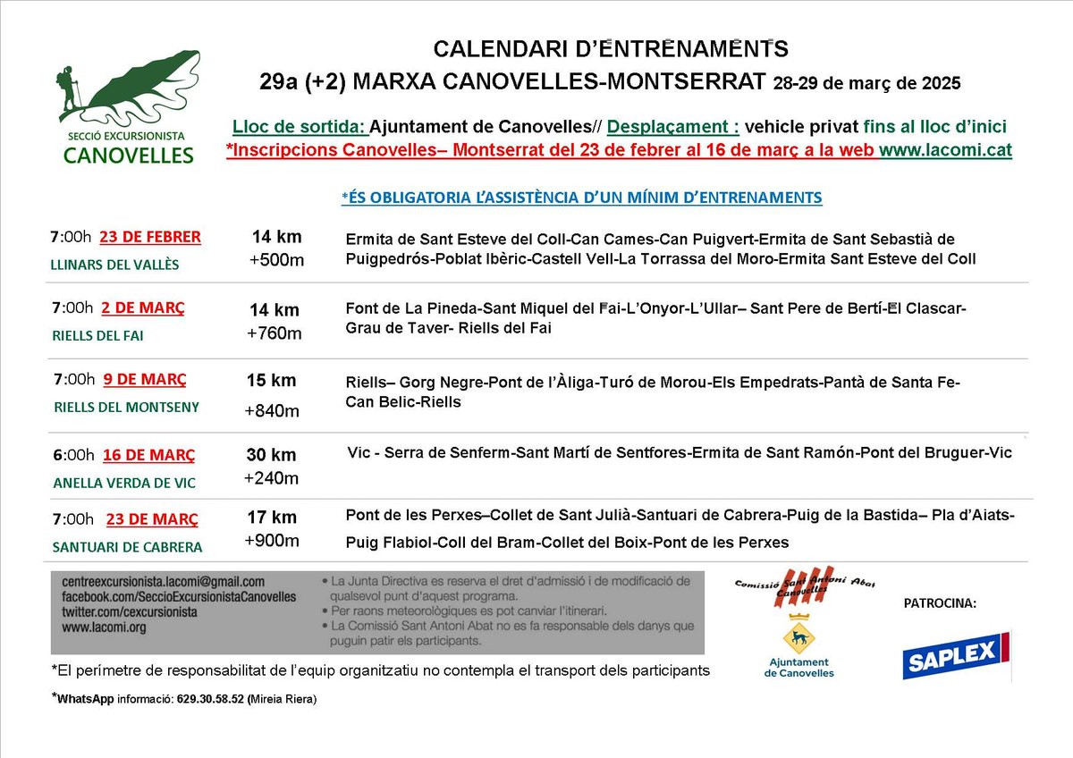 El diumenge 2⃣3⃣ de febrer comença la preparació per a la gran aventura!
Engunay amb entrenaments nous, per paratges espectaculars.
Vine a la 2⃣9⃣a (+2) CANOVELLES - MONTSERRAT.
<a href="/lacomi/">comissió sant antoni</a>