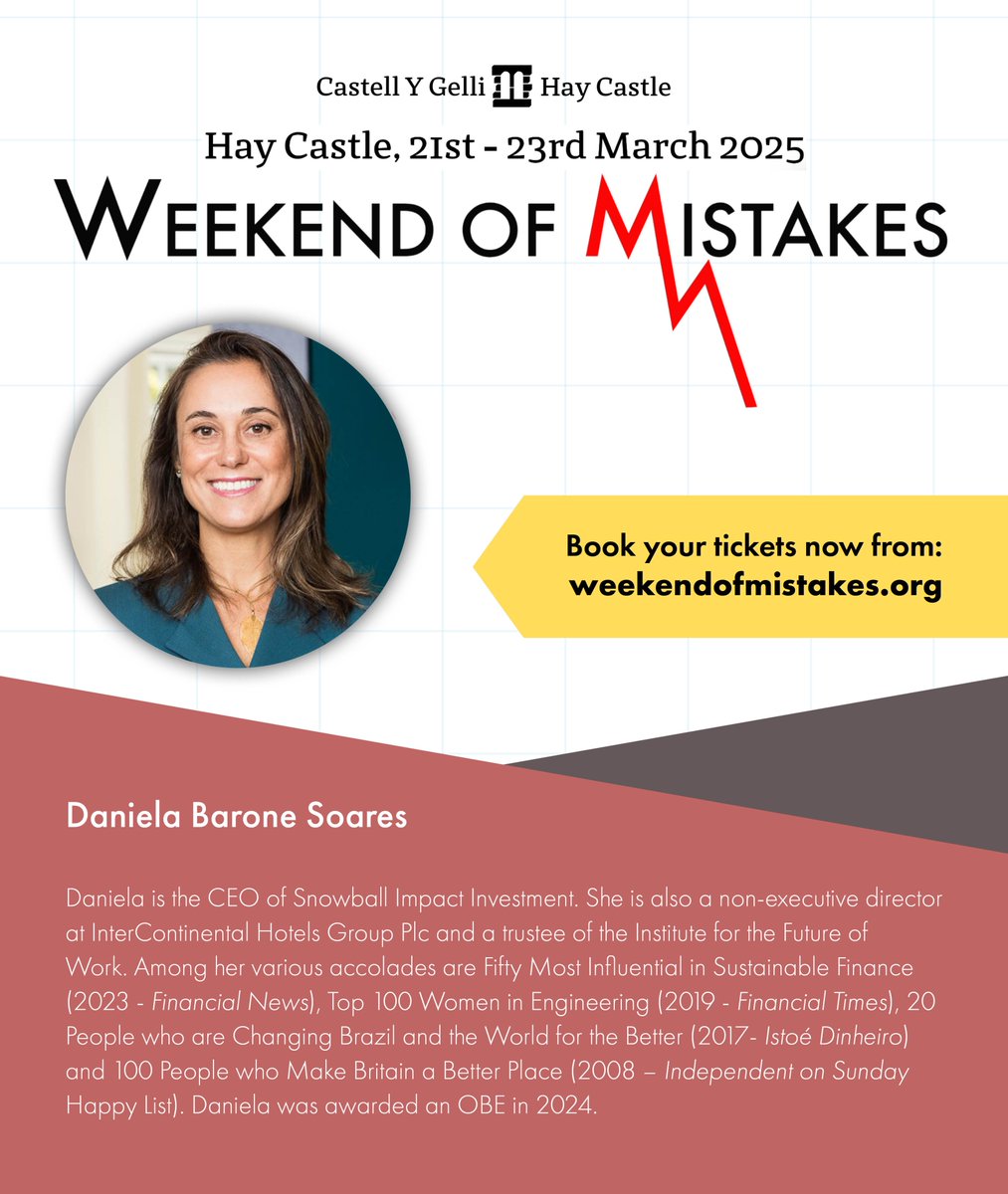 EdinburghLoM's tweet image. Daniela Barone Soares (@BaroneSoares) is CEO of @Snowball_IM, a non-executive director at @IHGHotels and trustee at @FutureWorkInst. She has been awarded accolades in @FinancialTimes, @FinancialNews and @istoe_dinheiro. Daniela was awarded an OBE in 2024.

weekendofmistakes.org