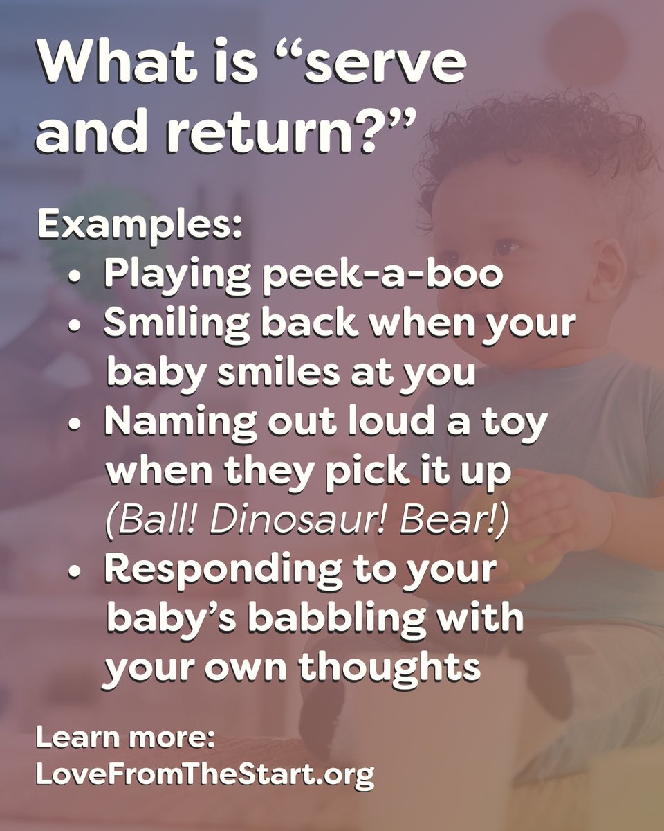 HealthiKids's tweet image. &quot;Serve and return&quot; means back-and-forth interactions between a caring adult and a baby or toddler. These moments are responsive and nurturing. You can learn more at our homepage LoveFromTheStart.org (link in bio)!

Source: @HarvardCenter 
#LoveFromTheStart #ServeAndReturn