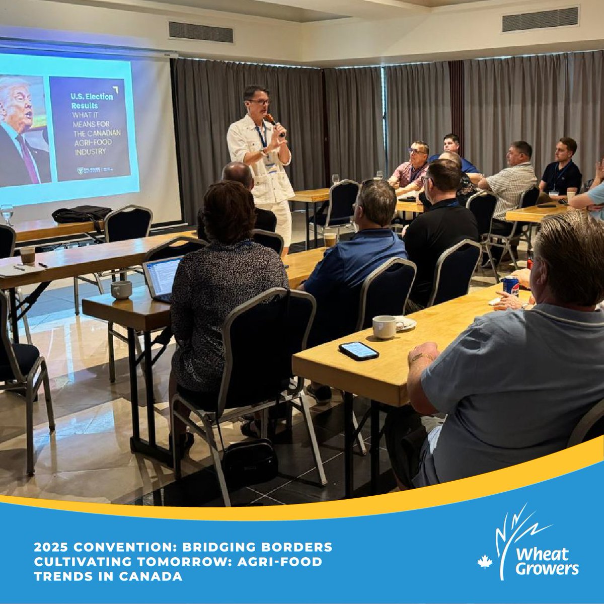 🚜🌾 At #WheatGrowers2025, Dr. Sylvain Charlebois (<a href="/FoodProfessor/">The Food Professor</a>) shared key agri-food insights:

🔹 U.S. election impact on 🇨🇦 ag
🔹 Trade &amp; geopolitics
🔹 Carbon tax future
🔹 2025 food prices
🔹 Sustainability beyond the buzz 🌍
What’s your take? 👇 #AgriFood #FarmersFirst