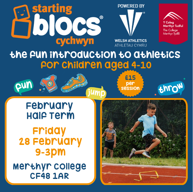 Looking for something fun and energetic for the kids to do this February Half Term?  🧡
Come and join us at a Starting Blocs Holiday Camp in Merthyr College for an introduction to athletics with fun games and activities 🏃‍♀️ 🏃‍♂️

Book here➡️ tinyurl.com/SB-MerthyrFEB