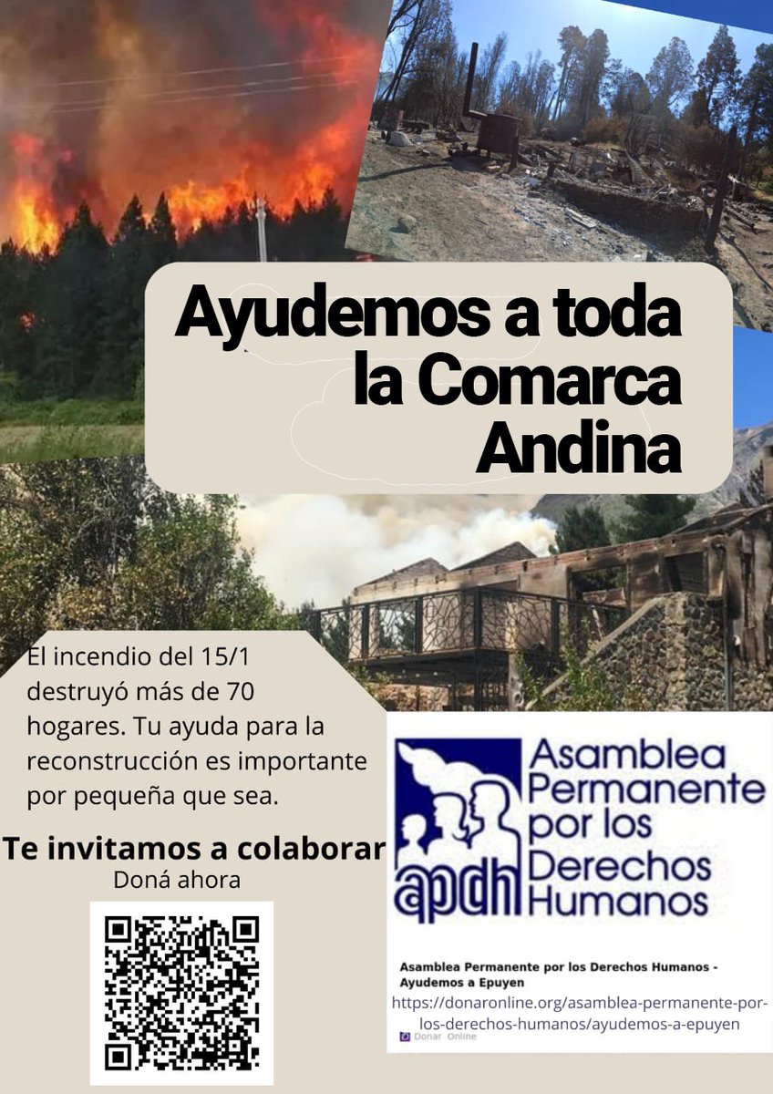 APDHArgentina's tweet image. 📢 La APDH te invita a colaborar con aquellas familias que se vieron afectadas por el incendio del 15/1 en Epuyén, Chubut, que destruyó más de 70 hogares y continúa afectando a diversos sitios de la Comarca Andina como El Bolsón y Lago Puelo.

Sigue en comentarios 👇