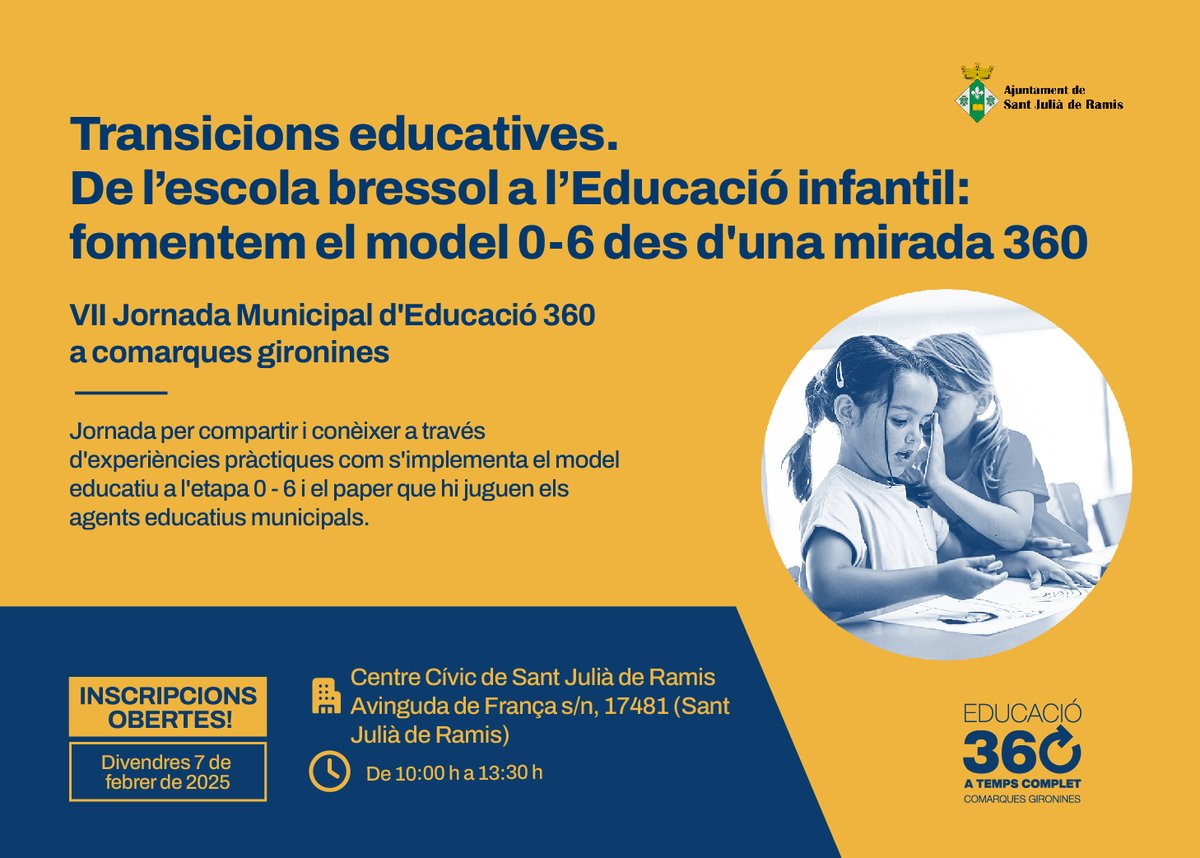 📢 Aquest divendres a Sant Julià de Ramis, arriba la VII Jornada Municipal #Educació360 de Comarques Gironines, on parlarem de la importància d'unificar etapes educatives dels 0-6 anys.

⏳Encara sou a temps d'inscriure-us!

📝 Programa i inscripcions: educacio360.cat/actes/transici…