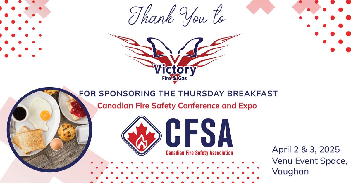 CFSA thanks Victory Fire and Gas Inc. for their support of our upcoming Canadian Fire Safety Conference &amp; Expo on April 2nd and 3rd. See links below for registration or sponsorship 

Registration: canadianfiresafety.com/events/canadia… 

Sponsorship: canadianfiresafety.com/events/canadia…