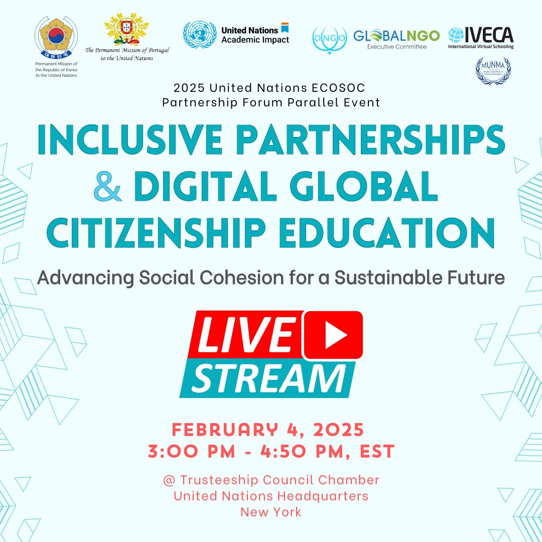 📽️ Watch LIVE @ 3pm EST: Join #IVECA as we host a #2025ECOSOC Partnership Forum Parallel Event at the <a href="/UNHQ/">UNHQ</a> in NYC with expert panelists and global students from India, Mexico, South Korea and the USA.🌍 

Watch here 👉webtv.un.org/en/asset/k1u/k…

#GCED #CoNGO #Partnerships4SDGs