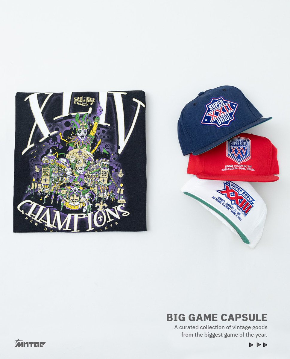 Decades of championship history, unarchived. 🏆 The MTNGE Big Game collection brings back some of the oldest championship merch you’ll ever find—deadstock hats, vintage crewnecks, and tees from football’s biggest moments round out this weeks drop. 

Live this Thursday, 2.6 at 10