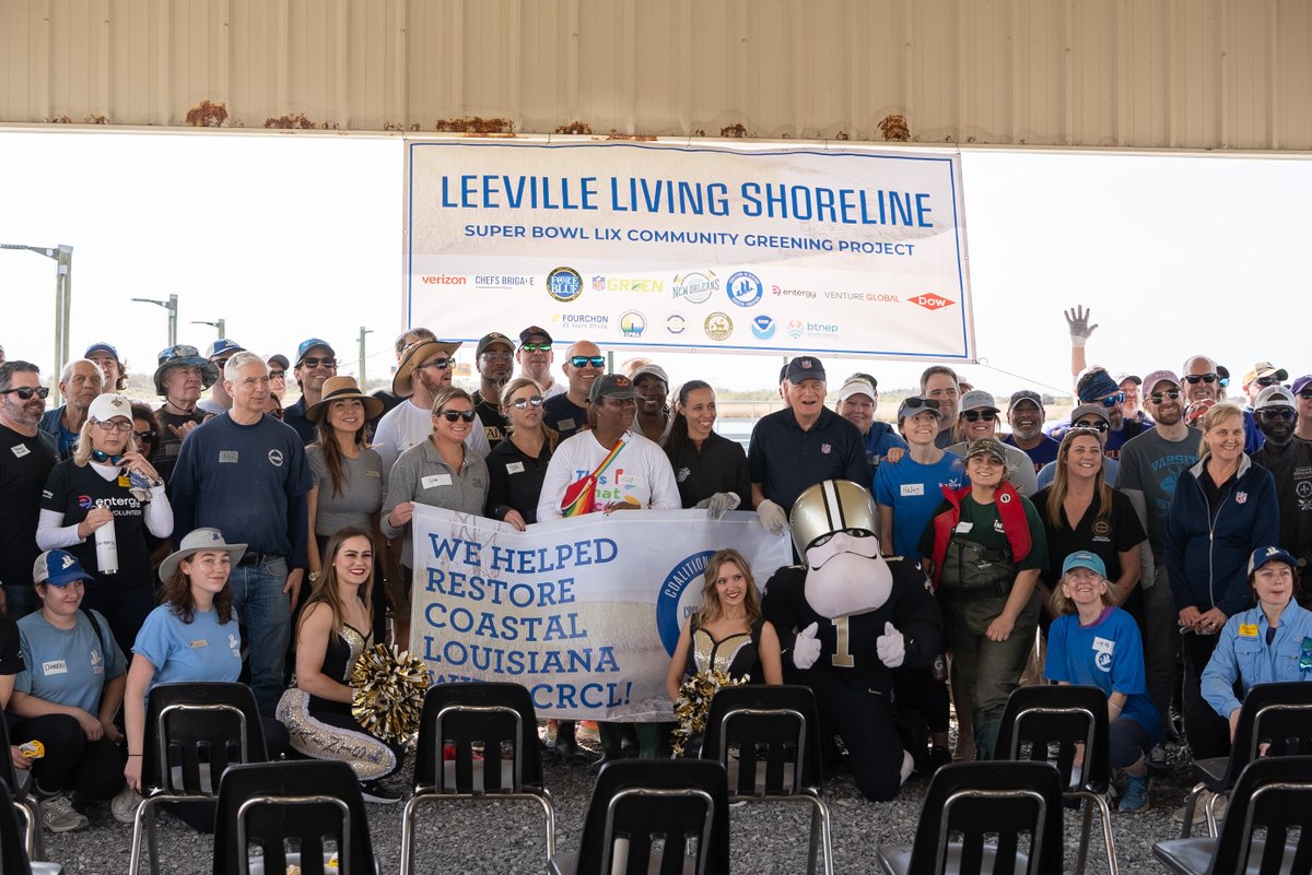 NOLASuperBowlHC's tweet photo. Yesterday, the New Orleans Super Bowl Host Committee participated in the Leeville Living Shoreline Build to install a living shoreline made of 59 tons of recycled oyster shells. A big step in fighting coastal erosion &amp; protecting communities! https://t.co/Sv7UhUcUDS