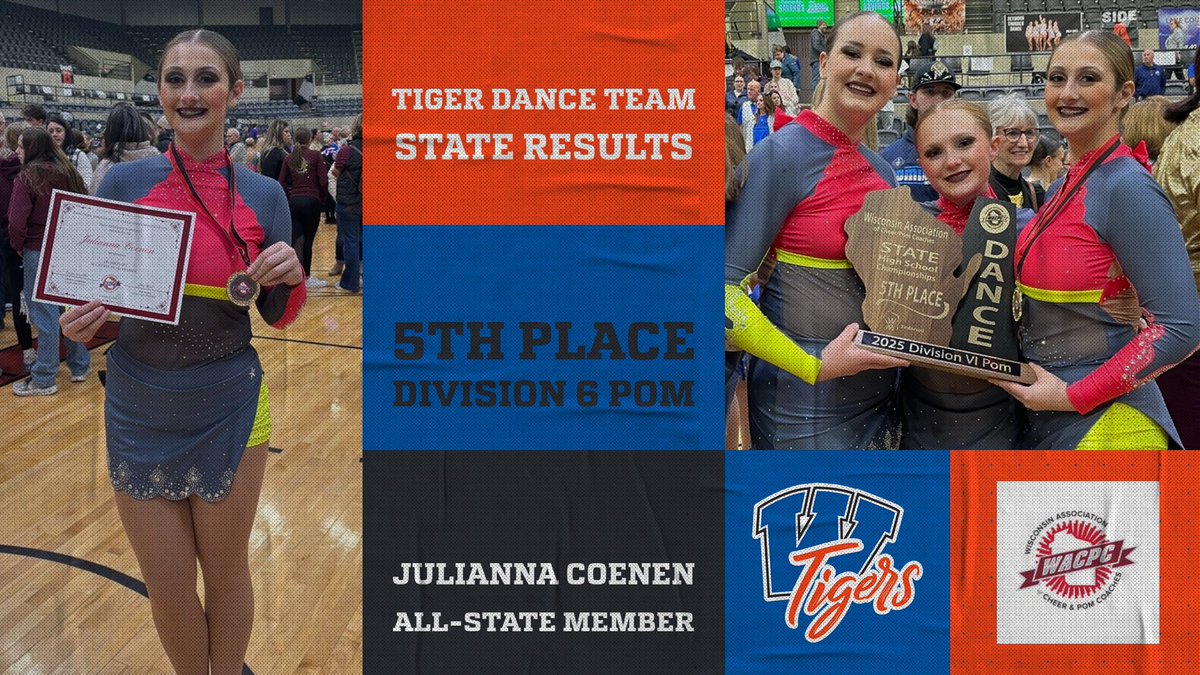 WrightstownA's tweet image. The Tiger Dance Team brought home some hardware for Wrightstown last weekend at the State Dance Competition in La Crosse. Shoutout to senior Julianna Coenen as she earned WACPC All-State for her solo dance performance. Go Tigers!