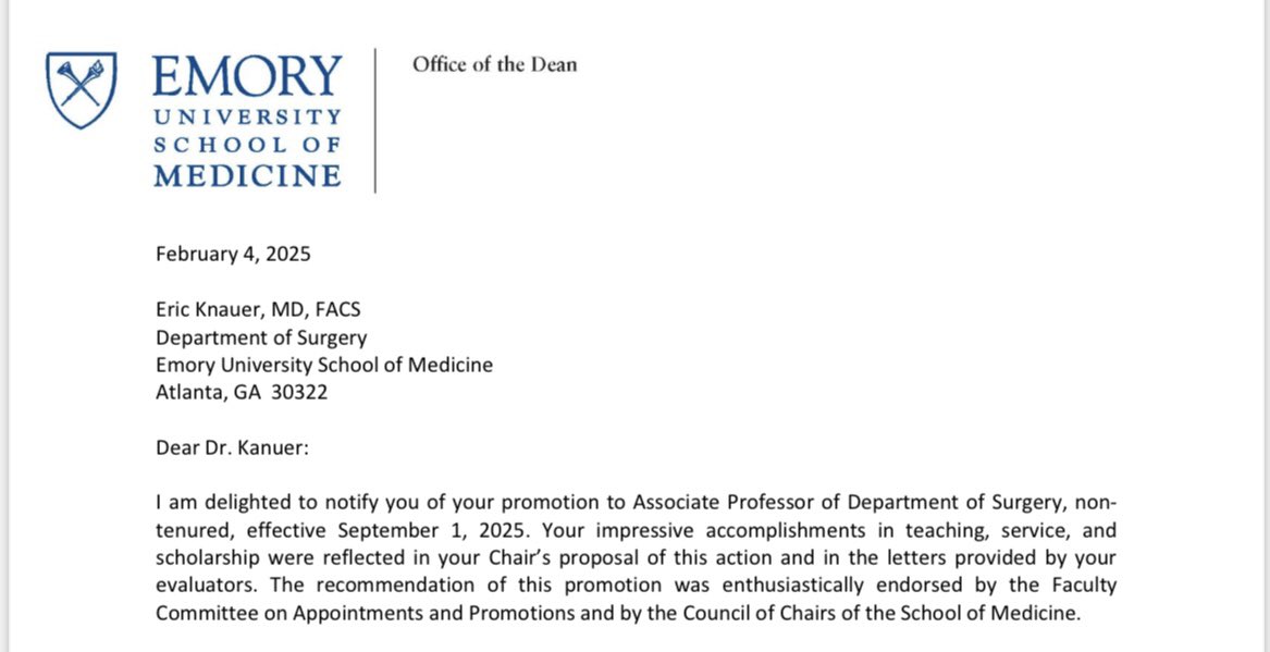 EricKnauerMD's tweet image. Thank you to all of you who have supported me!  Promoted to Associate Professor
@EmorySurgery @EmoryMedicine @EdLinEmory