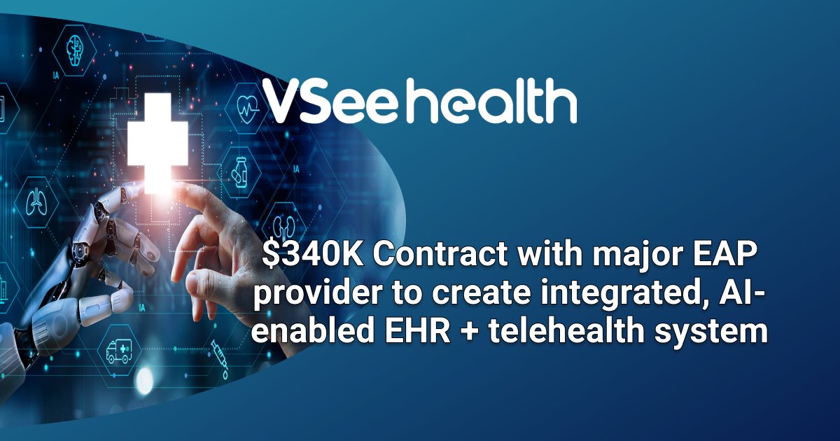 🎉 <a href="/VSee/">VSee</a> Health announces a $340K contract with a major employee assistance program (EAP) provider to create an integrated AI-enhanced electronic health record (EHR) + telehealth system. 
hubs.ly/Q035fDPn0
#EHR #EMR #AI #digitalhealth #healthIT #telehealth #EAP