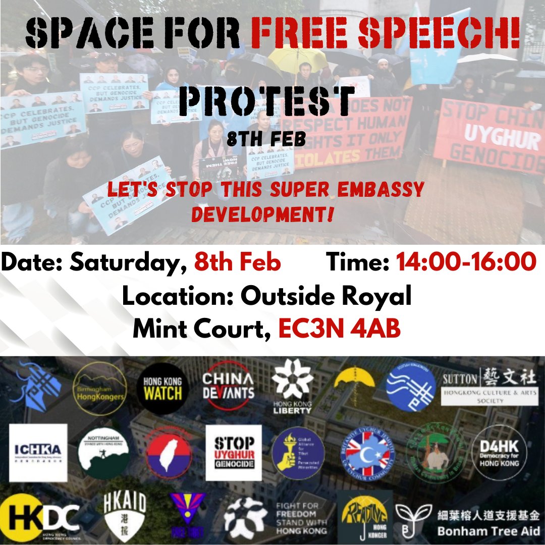 UyghurStop's tweet image. This Protest Will Be HUGE! Be There on 8th Feb let's Stop this Super Embassy Development!📢

#Protest #FreeSpeech #ProveThemWrong #OldRoyalMint #StandTogether #Unity 

@MahmutRahima 
@CommunityUyghur 
@freetibetorg 
@Stand_with_HK 
@hk_watch 
@lukedepulford