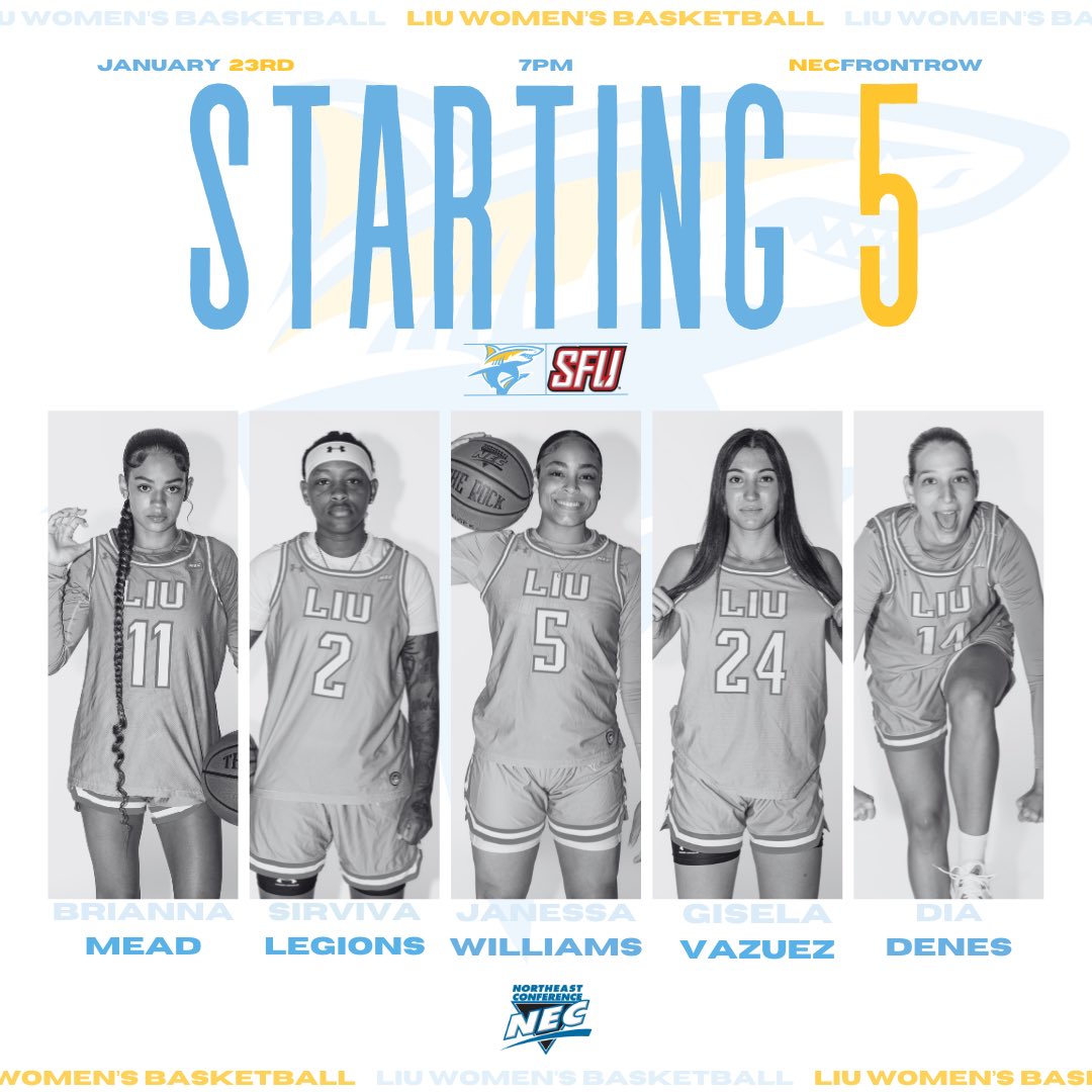 LIU Women's Basketball (@sharkswbb) on Twitter photo Shark Nation 🦈! Here’s our starting 5:
@bri_mead_
@vivalegions22
@jaye.celine
<a href="/giselavase_/">Gisela Vázquez</a>
@dia_denes_14
#LockedInTogether | #RiseOverRun Shark Nation 🦈! Here’s our starting 5:
@bri_mead_
@vivalegions22
@jaye.celine
<a href="/giselavase_/">Gisela Vázquez</a>
@dia_denes_14
#LockedInTogether | #RiseOverRun
