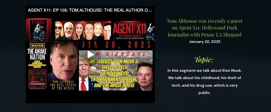 AlthouseTom's tweet photo. I've updated the SHARE THIS page on my website with a timely interview with @Agent_X11 - Find it here: https://t.co/kb9sOAKZ7G
#Neuralink #WarnerBrothers #Matrix #IntellectualProperty #TomAlthouse https://t.co/8BGuzAQLxL