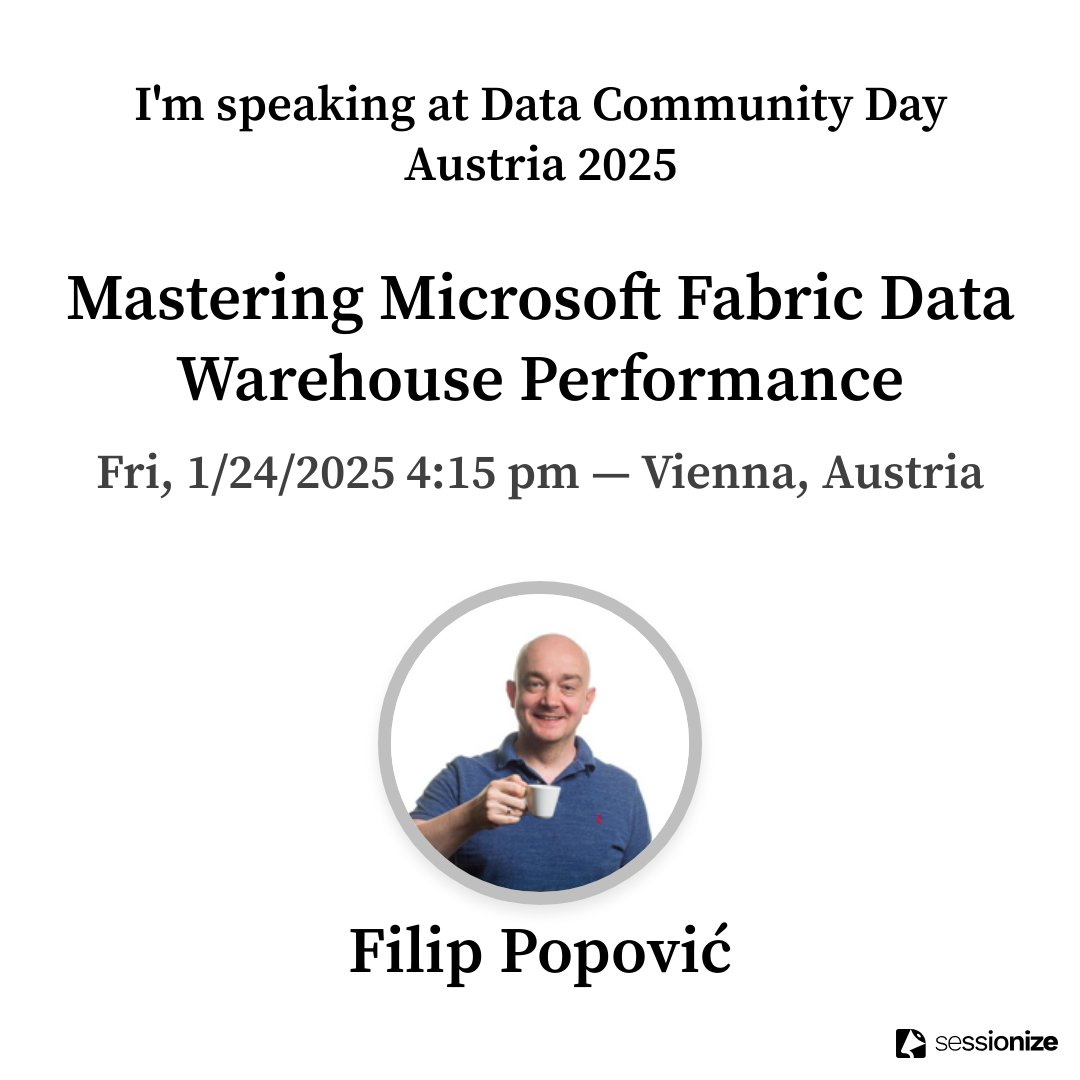 Filip Popović (@filippop_msft) on Twitter photo Join me tomorrow at <a href="/DataCommunityAT/">Data Community Austria</a>! We will cover how Microsoft Fabric Warehouse learns from the past to provide you with great performance, new monitoring updates, and the upcoming data clustering feature.
Session: Mastering Microsoft Fabric Data Warehouse Performance! 🚀 Join me tomorrow at <a href="/DataCommunityAT/">Data Community Austria</a>! We will cover how Microsoft Fabric Warehouse learns from the past to provide you with great performance, new monitoring updates, and the upcoming data clustering feature.
Session: Mastering Microsoft Fabric Data Warehouse Performance! 🚀