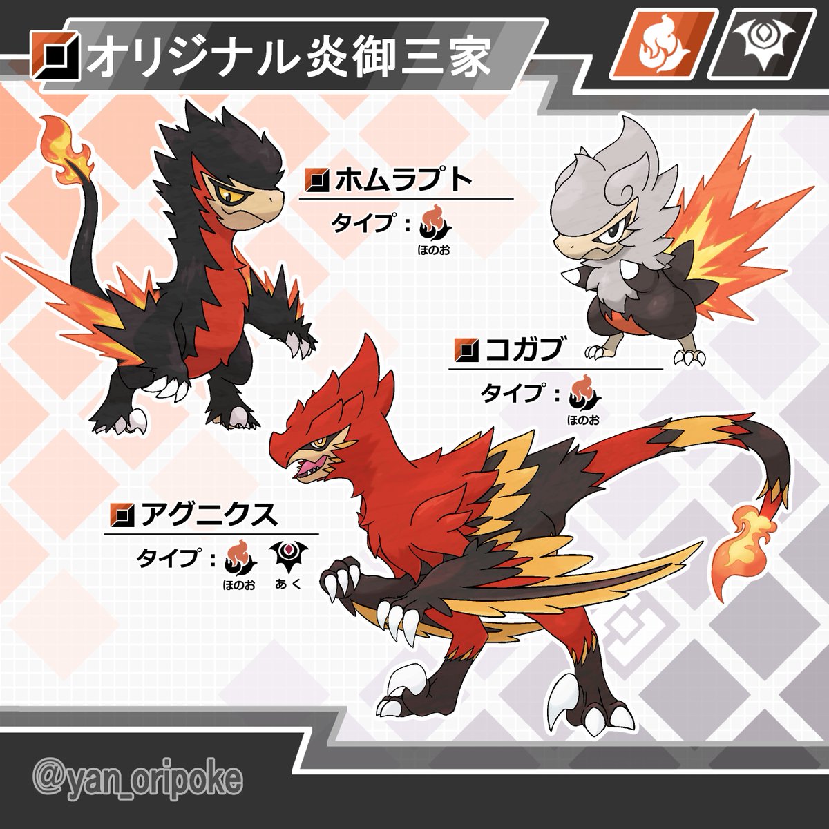 炎御三家】 ①コガブ タイプ：ほのお 由 来：焦がす+ガブッ（噛む音 