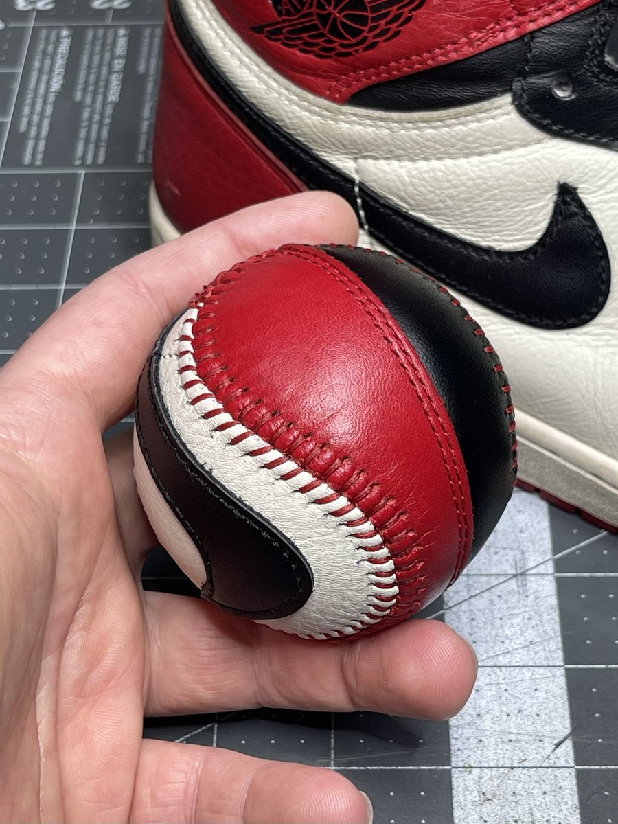 85customs's tweet photo. Upcycled Air Jordan 1 Baseball! 

I repurpose worn out or damaged sneakers to create my hand stitched leather goods and sneaker art♻️ https://t.co/Msch48E4pS
