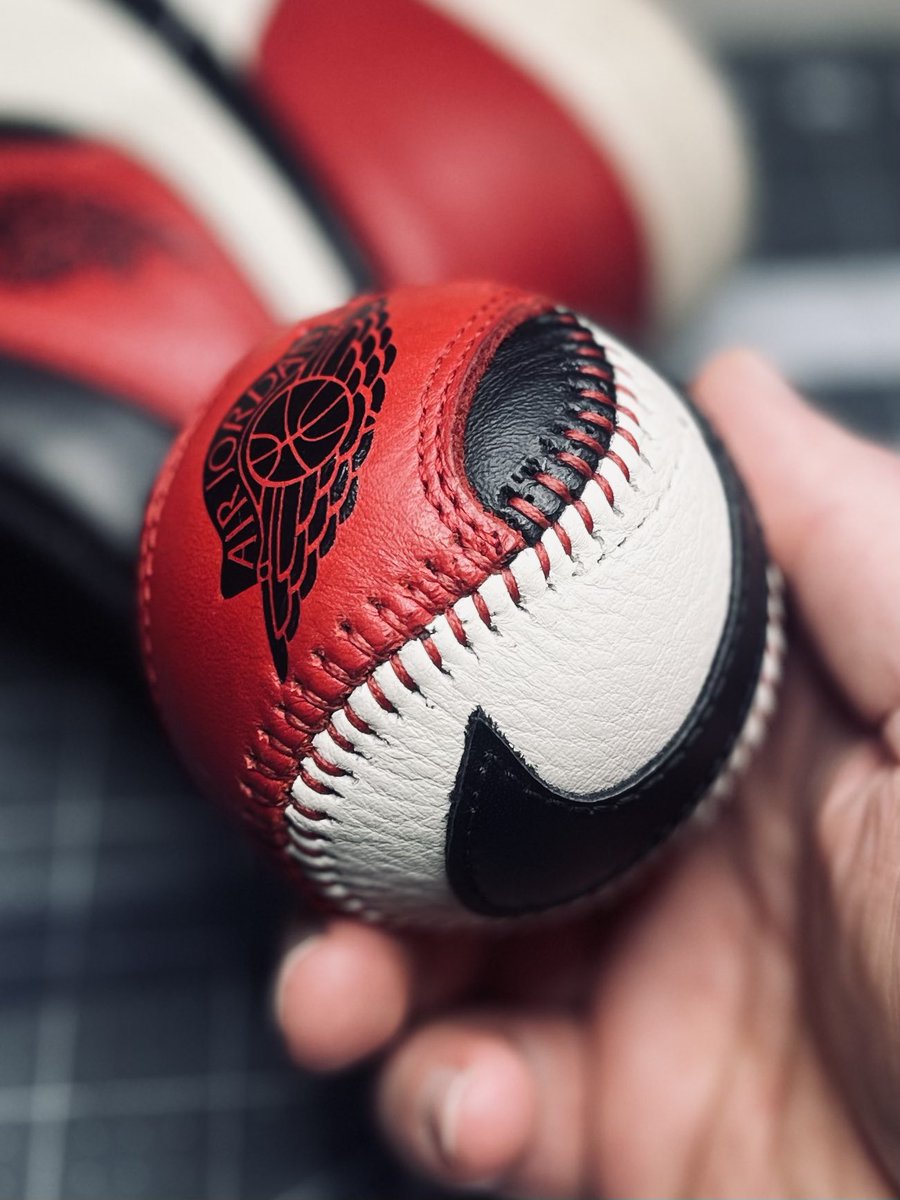 85customs's tweet photo. Upcycled Air Jordan 1 Baseball! 

I repurpose worn out or damaged sneakers to create my hand stitched leather goods and sneaker art♻️ https://t.co/Msch48E4pS