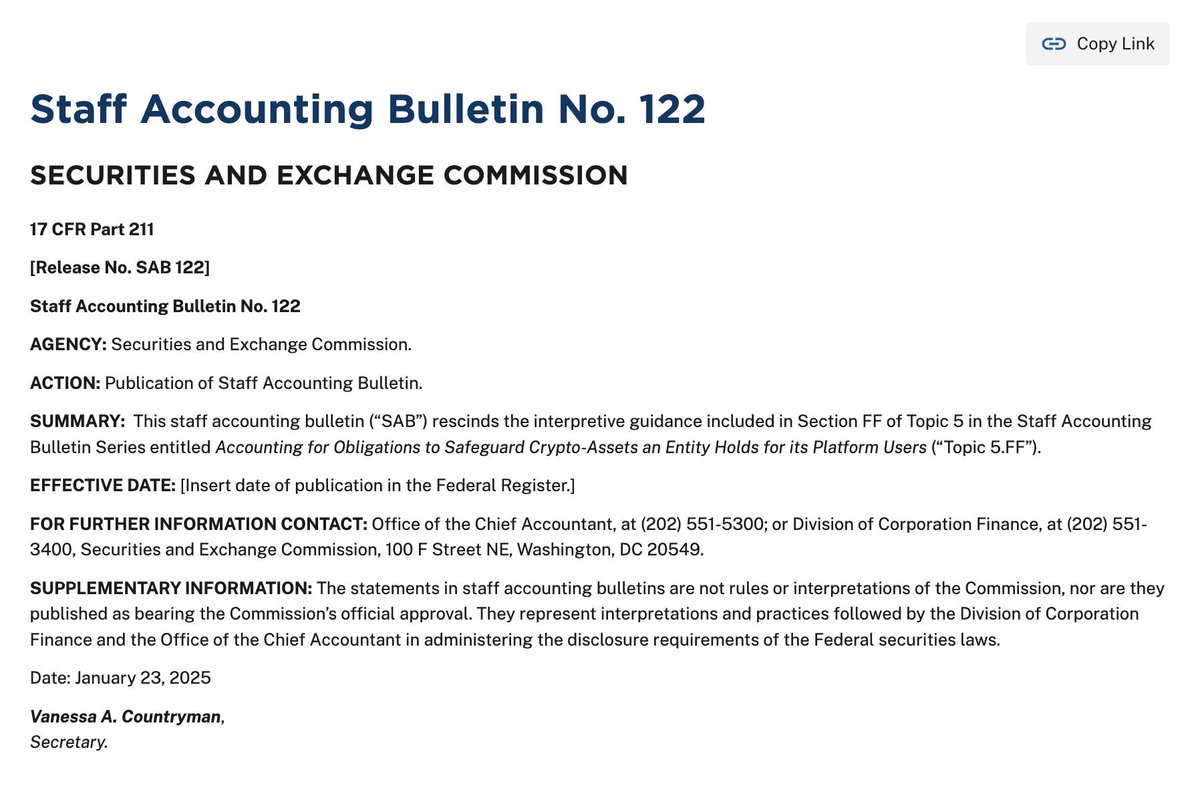 barkmeta's tweet photo. 🚨BREAKING: SEC rescinds SAB 121.

SAB 121 required companies to list crypto assets as liabilities.

This will bring MASSIVE liquidity 🚀 https://t.co/IntnyApMPu