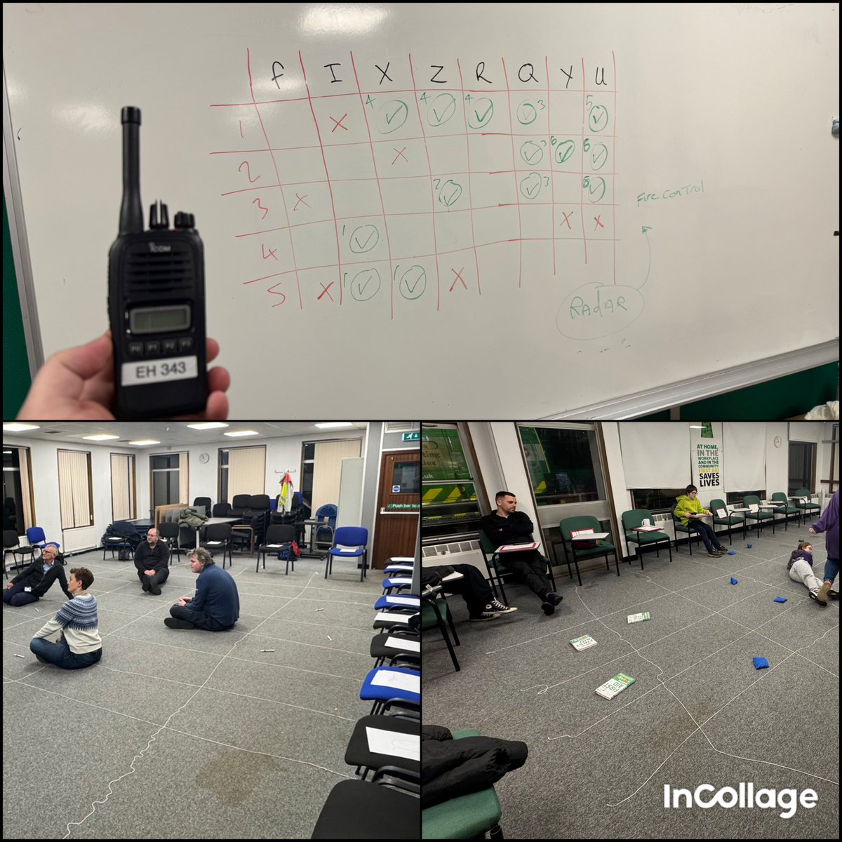 North Herts network.   Radio comms training 
Adults  v.  Cadet - Battleships   
Rooms gridded out       And battle commenced 
Using correct radio protocol to make a call and using the phonetic  alphabet to hopefully sink the battleship made up of adults and youth. On the grids
