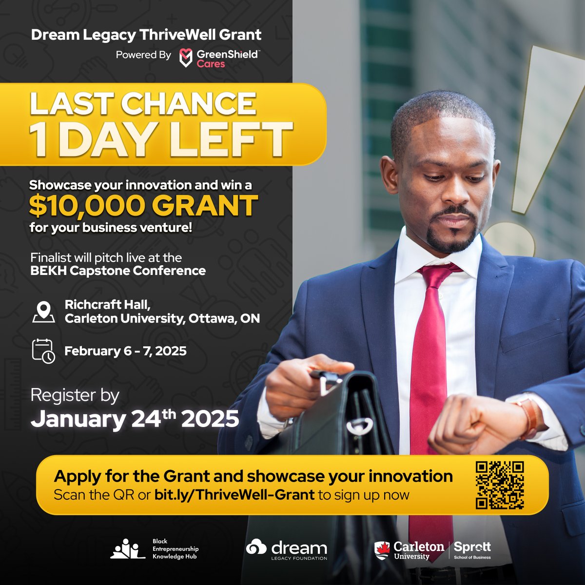 ⏰ Less than 30 hours left to register!

Don't miss the ThriveWell Grant offering $10,000 to a resilient Black entrepreneur dedicated to community impact.

📅 Feb 6-7, 2025 📍 Richcraft Hall, Carleton U (In-person/Hybrid)

Register by Jan 24, 2025: bit.ly/ThriveWell-Gra….