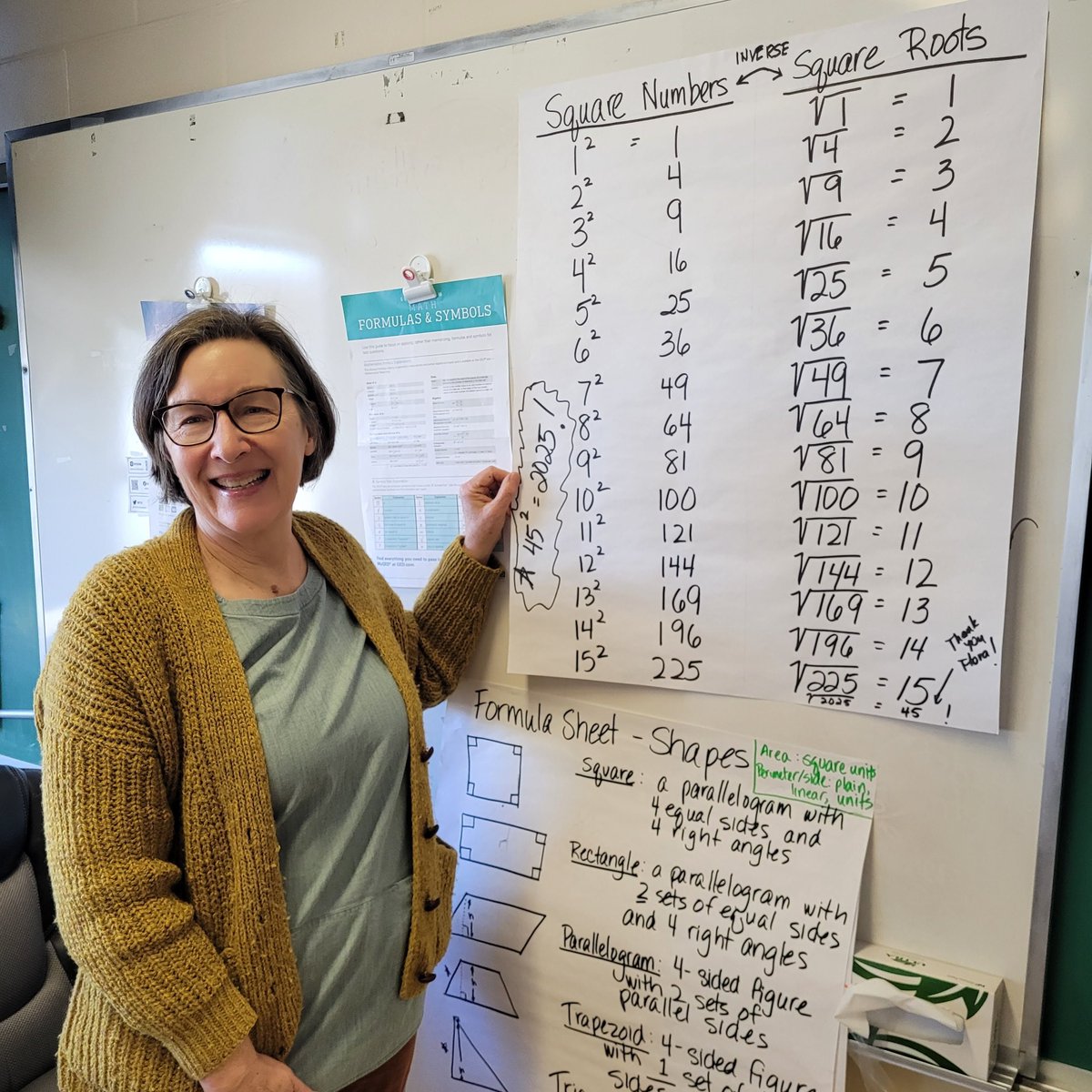 NorwichRegAdEd's tweet photo. 📚✨ ABE Spotlight: Meet Becky, our incredible ABE (Adult Basic Education) teacher at NRAE! She’s pictured here proudly standing beside her anchor chart of square numbers and square roots, a fantastic visual tool for helping students grasp these important concepts! https://t.co/hQfV8cB7Q8