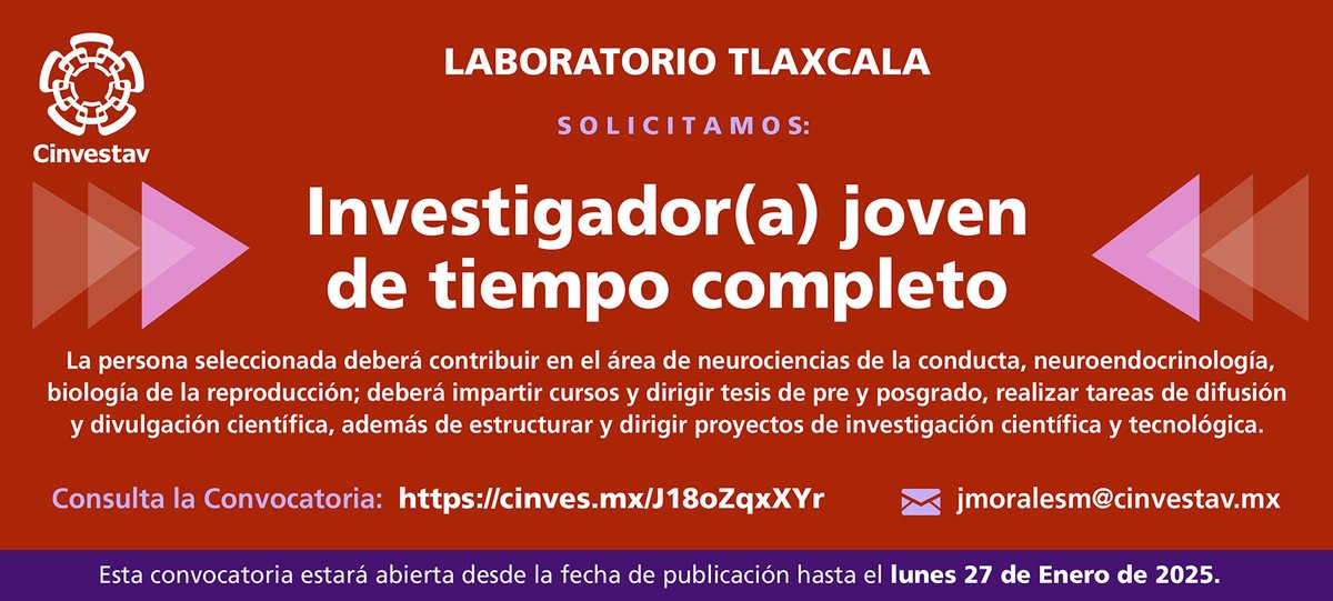 🚨 PLAZA DE INVESTIGACIÓN 🚨
Concursa por un puesto para investigador o investigadora joven de tiempo completo en el Centro de Investigación en Reproducción Animal del Cinvestav, en Tlaxcala

🗓️ 27 enero
📨 jmoralesm@cinvestav.mx
🔗 cinves.mx/J18oZqxXYr