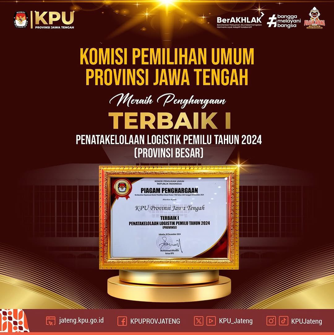 PpsTempel's tweet photo. Repost @kpujateng 
Haiii #temanpemilih,KPU Provinsi Jawa Tengah berhasil meraih beberapa penghargaan dalam Rapat Konsolidasi Nasional (Rakornas) Dalam Rangka Evaluasi Pelaksanaan Pemilu dan Pilkada Tahun 2024 yang diselenggarakan oleh KPU RI pada 29 s.d 31 Desember 2024. https://t.co/xNHO2dgeM9