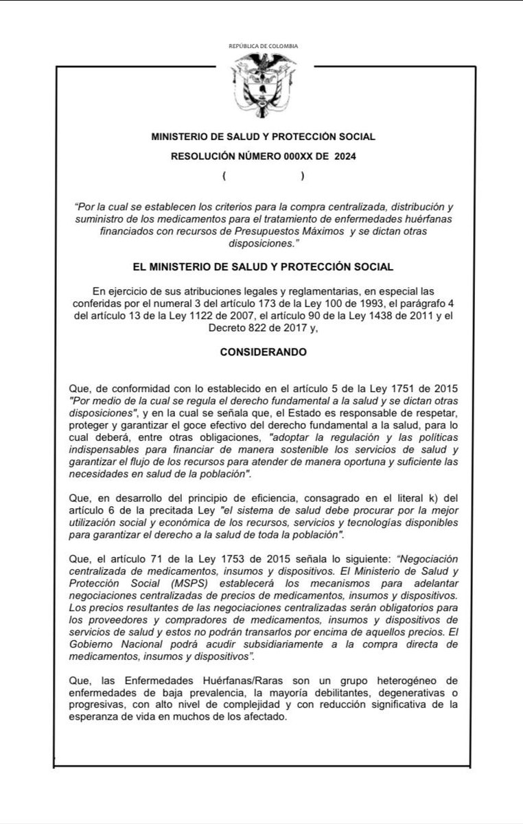 UltimaHoraCR's tweet image. El gobierno publicó para comentarios el proyecto de resolución para establecer criterios bajo los cuales el @MinSaludCol podrá realizar la compra centralizada de medicamentos para el tratamiento de enfermedades huérfanas, financiados actualmente con presupuestos máximos, a través…