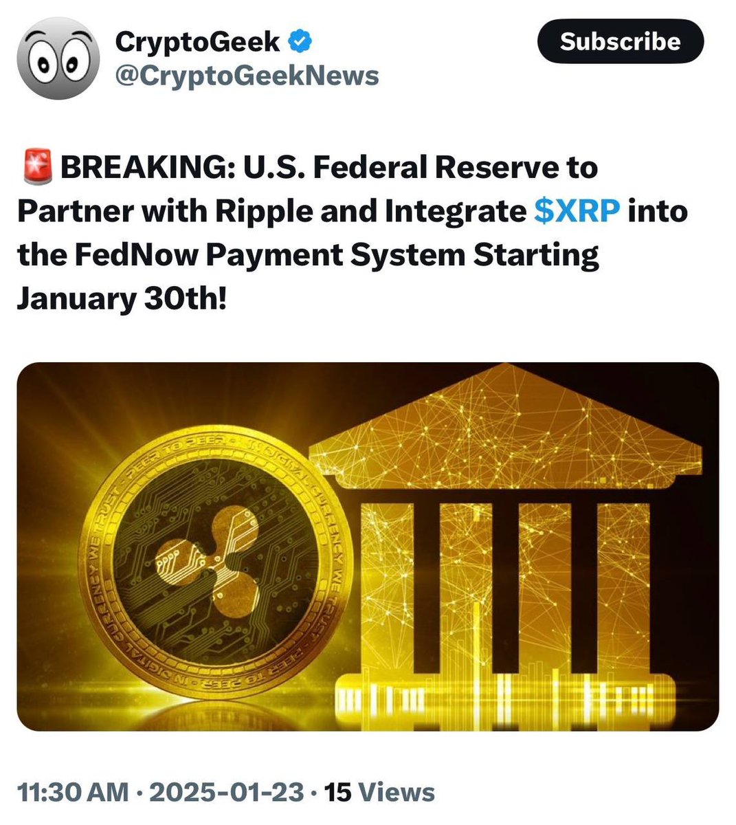 JackStr42679640's tweet photo. U.S. Federal Reserve to Partner with Ripple and Integrate $XRP into the FedNow Payment System Starting January 30th! https://t.co/9j0T3BTMBZ