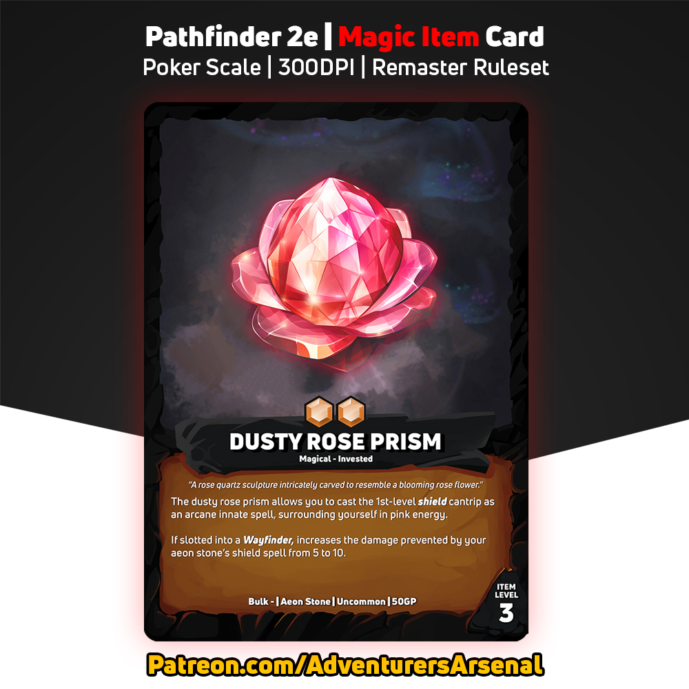 AdventArsenal's tweet image. Next in the Aeon Stone series: Dusty Rose Prism!✨ 

Support us on Patreon and gain access to 420+ item cards: patreon.com/c/AdventurersA…

#Pf2e #Pathfinder #DnD #TTRPG"