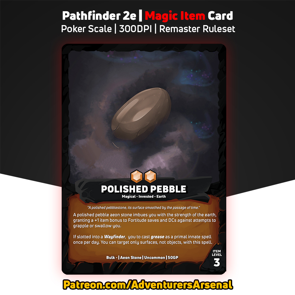 AdventArsenal's tweet image. Next in the Aeon Stone series: Polished Pebble! ✨

Support us on Patreon and gain access to 420+ item cards: patreon.com/c/AdventurersA…

#Pf2e #Pathfinder #DnD #TTRPG