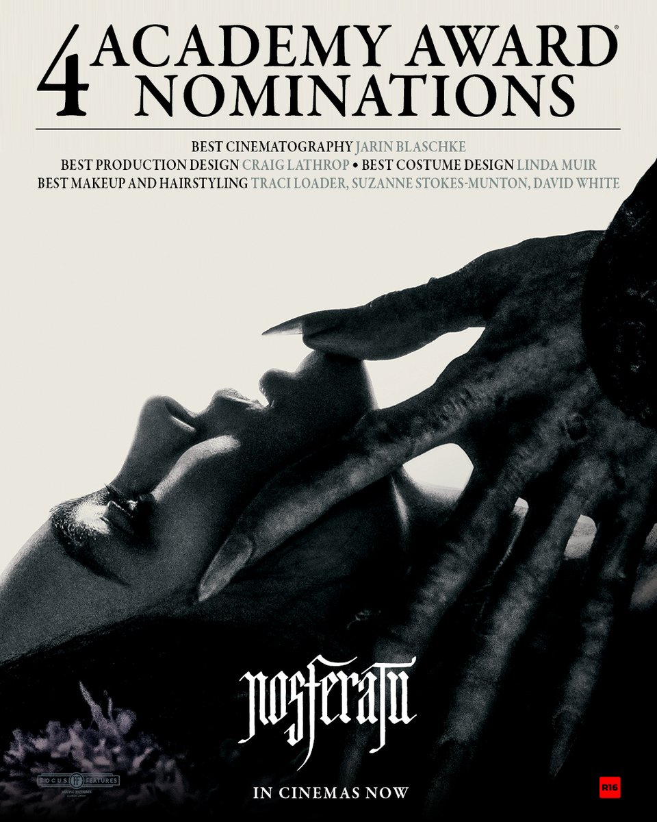 NOSFERATU has been nominated for four Academy Awards, including Best Cinematography, Best Production Design, Best Costume Design, and Best Makeup and Hairstyling. #Oscars