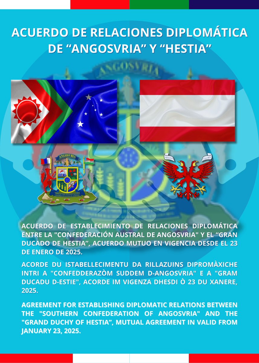 Tratado de relaciones diplomáticas de  
 "Angosvria" y "Hestia"  
#Angosvria #Hestia #Micronations #Micronaciones 
Acuerdo de establecimiento de relaciones diplomática entre la "Confederación Austral de Angosvria" y el "Gran Ducado de Hestia", acuerdo en vigencia: 23, 1 ,2025.
