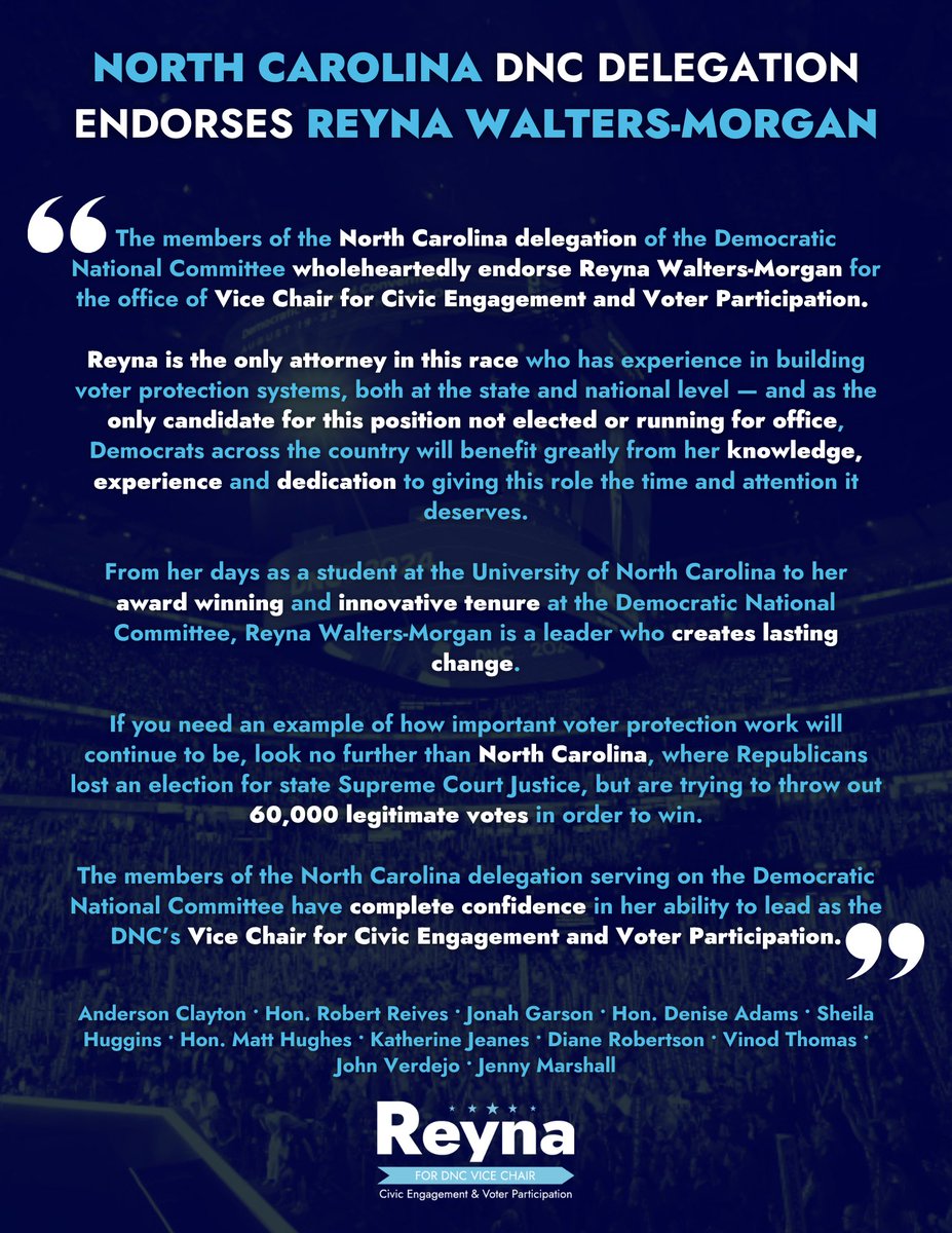 I’m honored to have the endorsement of the North Carolina DNC Delegation!

Thank you all for your support in this race.