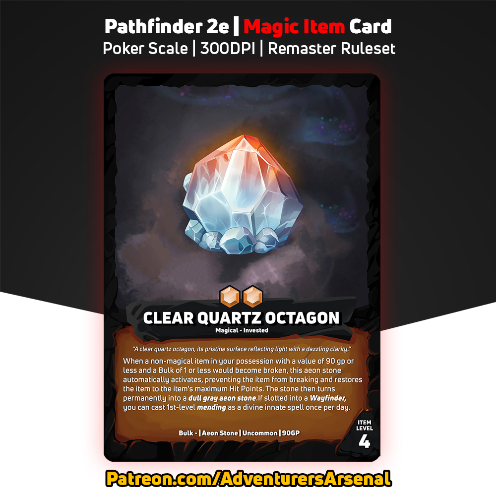 AdventArsenal's tweet image. Up next in the Aeon Stone series: Clear Quartz Octagon! ✨

Support us on Patreon and gain access to 420+ item cards: patreon.com/c/AdventurersA…

#Pf2e #Pathfinder #DnD #TTRPG