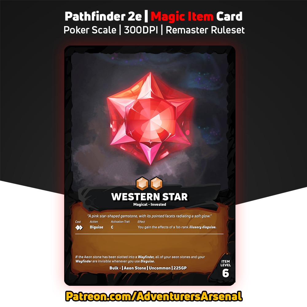 AdventArsenal's tweet image. Continuing the Aeon Stone series with: Western Star! ✨

Support us on Patreon and gain access to 420+ item cards: patreon.com/AdventurersArs…

#Pf2e #Pathfinder #DnD #TTRPG