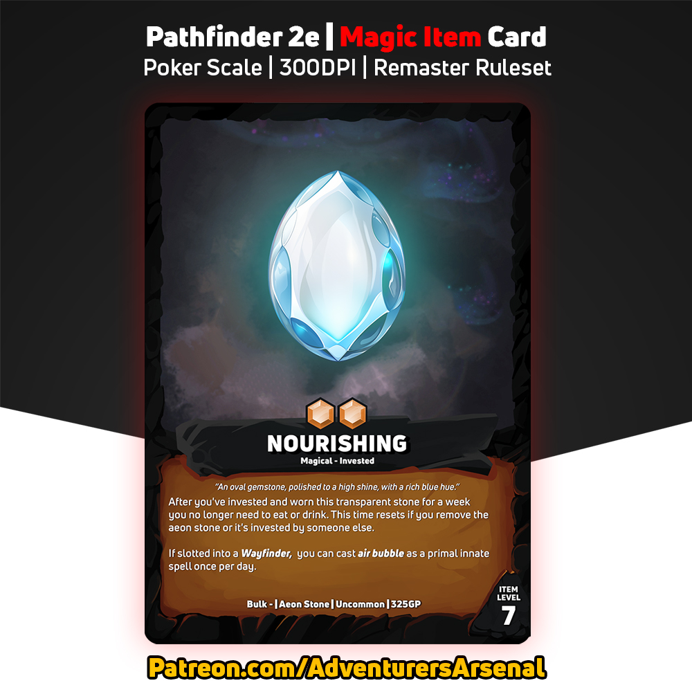 AdventArsenal's tweet image. Up next in the Aeon Stone series: Nourishing! 🌱 Keep your energy up and your adventures going strong with this stone.

Support us on Patreon and gain access to 420+ item cards: patreon.com/AdventurersArs…

#Pf2e #Pathfinder #DnD #TTRPG