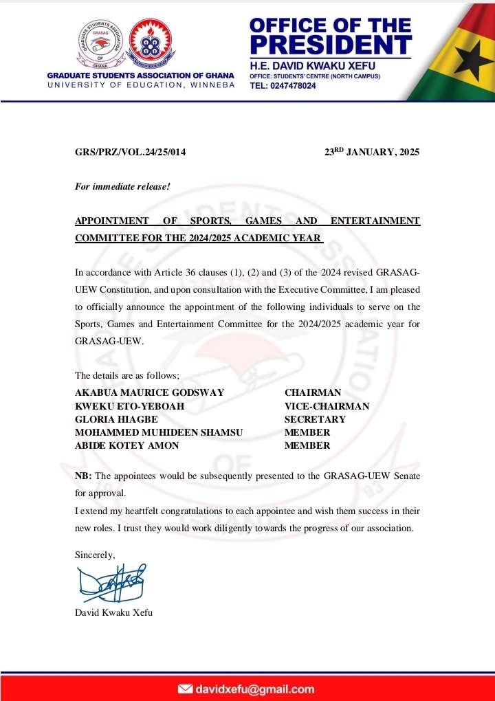 grasag_uew's tweet photo. APPOINTMENT OF SPORTS, GAMES AND ENTERTAINMENT COMMITTEE OFFICERS

The President, H.E. David Kwaku Xefu, is delighted to announce the appointment of Sports, Games and Entertainment Committee Officers. https://t.co/YR26F3iSgE