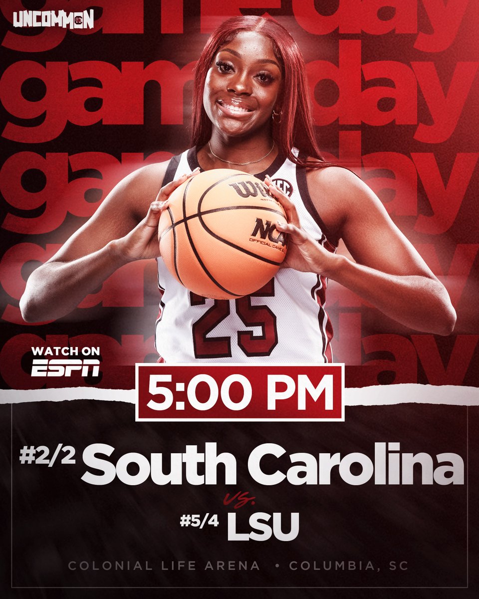 GamecockWBB's tweet photo. 𝗚𝗮𝗺𝗲 𝗗𝗮𝘆 #𝟮𝟬
Wear your garnet FAMS!

📍 @CLAmktg 
⏰ 5 PM ET
📺 @espn  https://t.co/QVSbfC2HDU
📻 @1075thegame https://t.co/wDJYOEEq1A
📈 https://t.co/SivBDUMLt6
📝 https://t.co/PMImHdMd0z