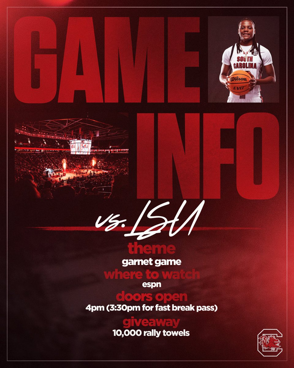 GamecockWBB's tweet photo. 𝗚𝗮𝗺𝗲 𝗗𝗮𝘆 #𝟮𝟬
Wear your garnet FAMS!

📍 @CLAmktg 
⏰ 5 PM ET
📺 @espn  https://t.co/QVSbfC2HDU
📻 @1075thegame https://t.co/wDJYOEEq1A
📈 https://t.co/SivBDUMLt6
📝 https://t.co/PMImHdMd0z
