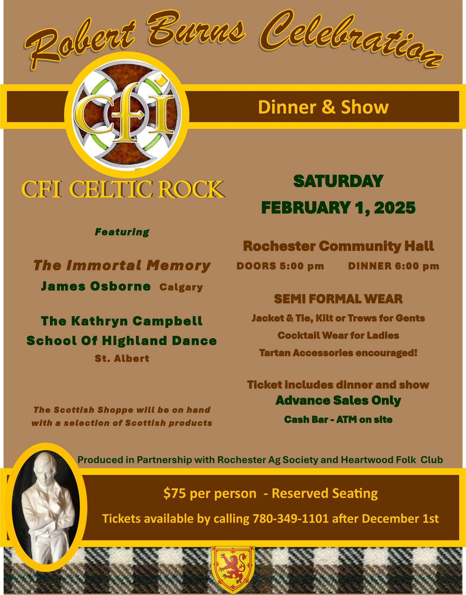 AthabascaRegion's tweet photo. Celebrate Robbie Burns in style at an authentic celebration in Rochester, AB on February 1st! It features live music, highland dancing, and a delicious dinner! Wear your Scottish finest!

Visit our Events Calendar to learn more: https://t.co/wys6f41xJ1 https://t.co/qAC1uiAbIV