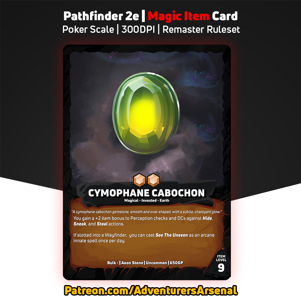 AdventArsenal's tweet image. "Next in the Aeon Stone series: Cymophane Cabochon! 🌊

Support us on Patreon and gain access to 420+ item cards: patreon.com/AdventurersArs…

#Pf2e #Pathfinder #DnD #TTRPG