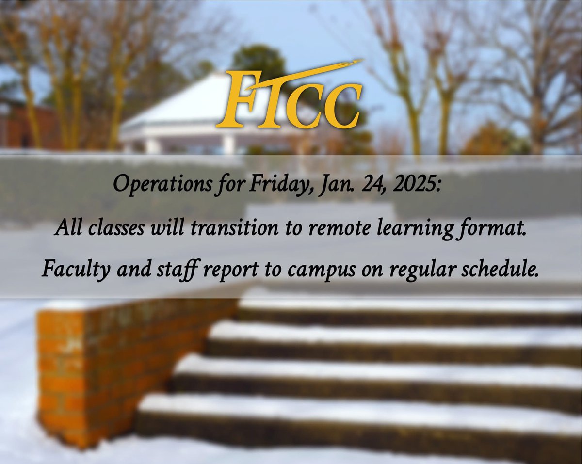 ➡️ Update for Friday, Jan. 24, 2025: FTCC will operate on a regular schedule on Friday, Jan. 24, but will continue to hold classes virtually through the College's online learning platform.