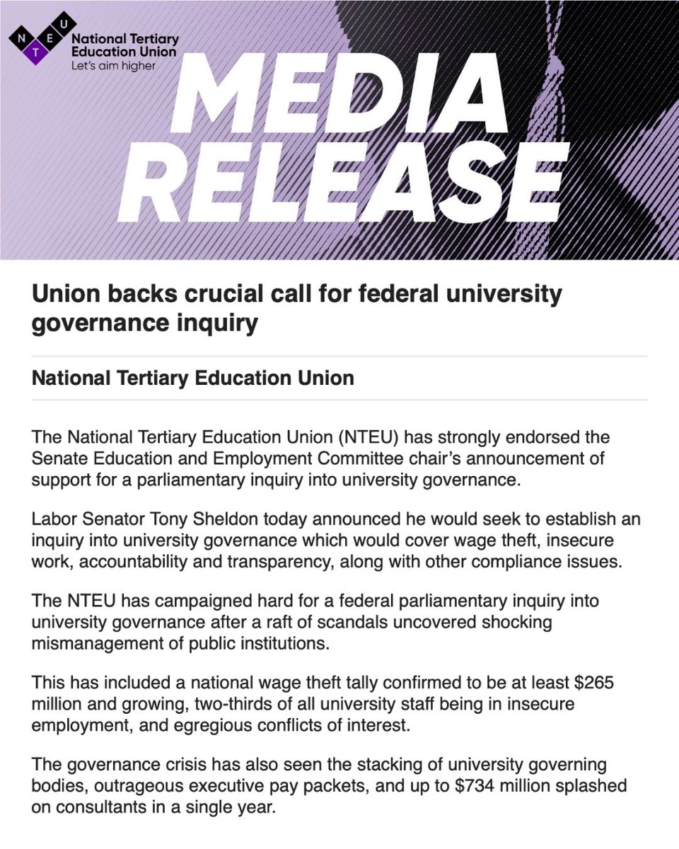 “For too long, vice-chancellors and senior executives have escaped any real accountability for some of the terrible decisions that have damaged our public universities.” – NTEU National President Dr Alison Barnes #Auspol2025  #inquiry