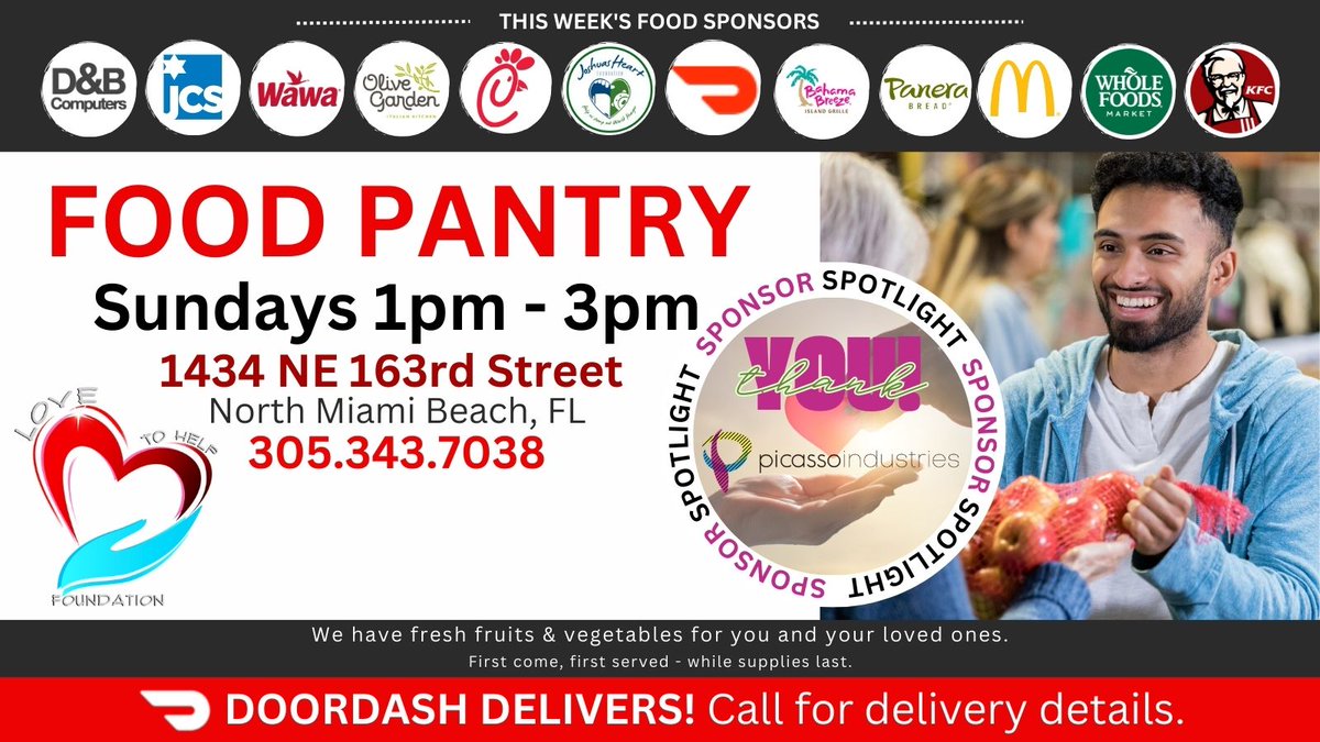 LoveToHelpFdn's tweet photo. 🍎 The #FoodPantry is open today! Fresh produce awaits you.
📍 1–3 PM: 1434 NE 163rd St, #NorthMiamiBeach.
🚗 DoorDash® available!
📞 Call 305.343.7038 for details.
#LTHF #NMB #FL #CommunitySupport #FoodInsecurity #EndHunger https://t.co/VmHPwwitAF