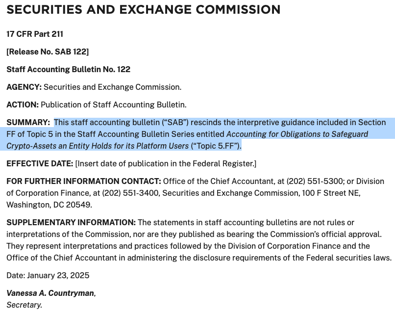 🚨Chairman <a href="/RepFrenchHill/">French Hill</a>: “Finally, the Biden-Harris misguided SAB 121 rule has been rescinded. Holding reserves against the assets held in custody is NOT standard financial services practice and am pleased this rule was nullified. I applaud <a href="/SECGov/">U.S. Securities and Exchange Commission</a> for taking strong steps