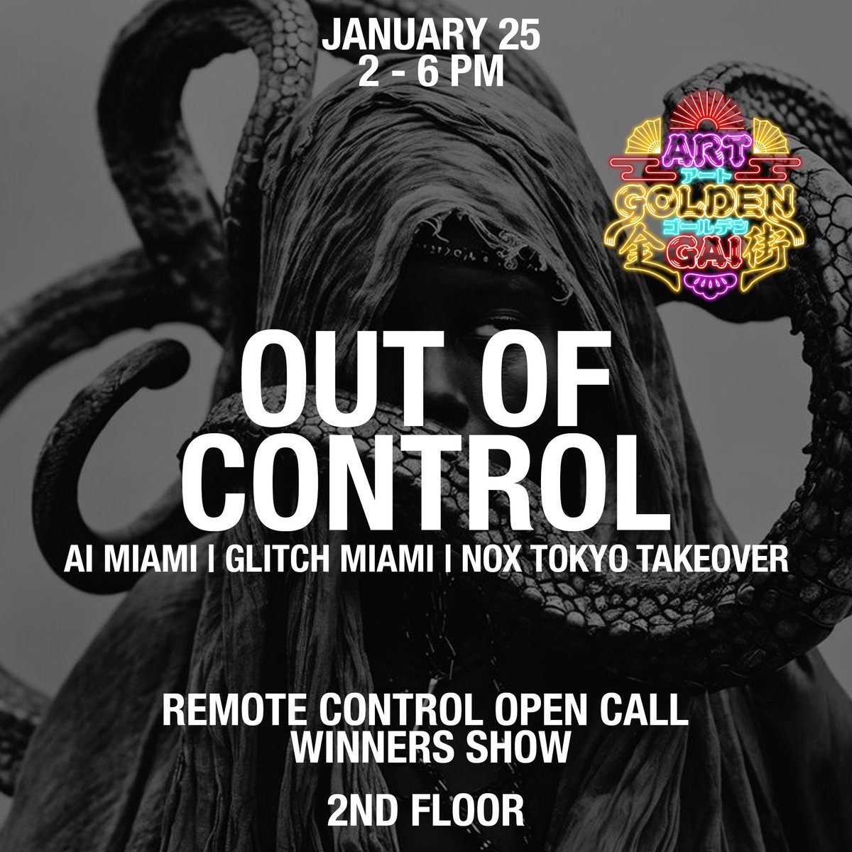 ArtGoldenGai's tweet photo. WE'RE EXCITED TO HOST 💥
MULTIPLE @myRCnft OPEN CALL WINNER EXHIBITIONS

📅 JANUARY 25 📅
💥2ND FLOOR GALLERY 💥

🚧 2 PM - GLITCH MIAMI
🚧 3 PM - AI MIAMI
🚧 4 - 6 PM - NOX JAPAN TAKEOVER

🕹️ REMOTE CONTROL 🕹️
💥IS OUT OF CONTROL💥👏

PART OF AN AMAZING PROGRAM WE HAVE FOR OUR FINAL WEEKEND 💥